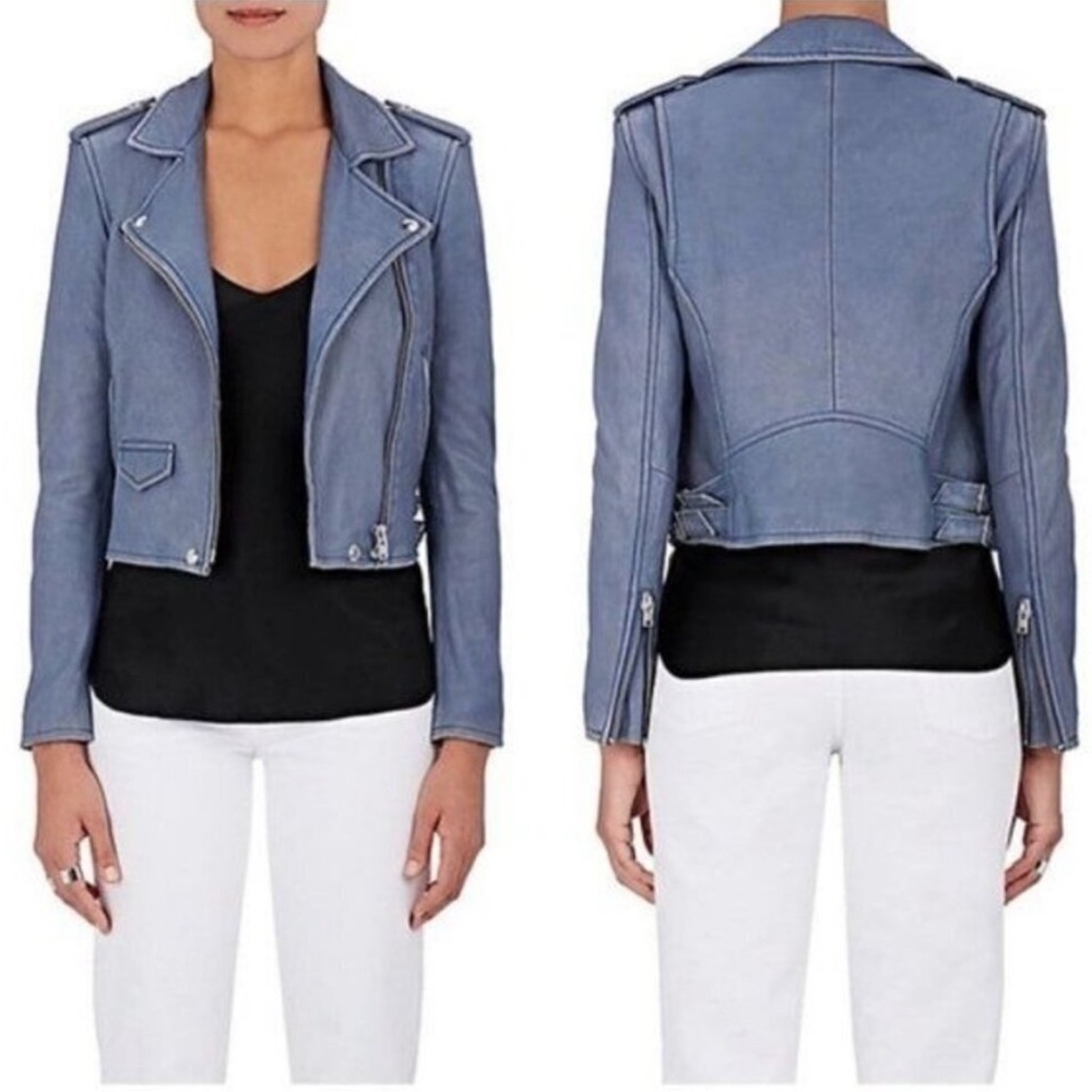 IRO Ashville Distressed Blue Leather Jacket France 36 / US 2 / XS - Picture 2 of 16